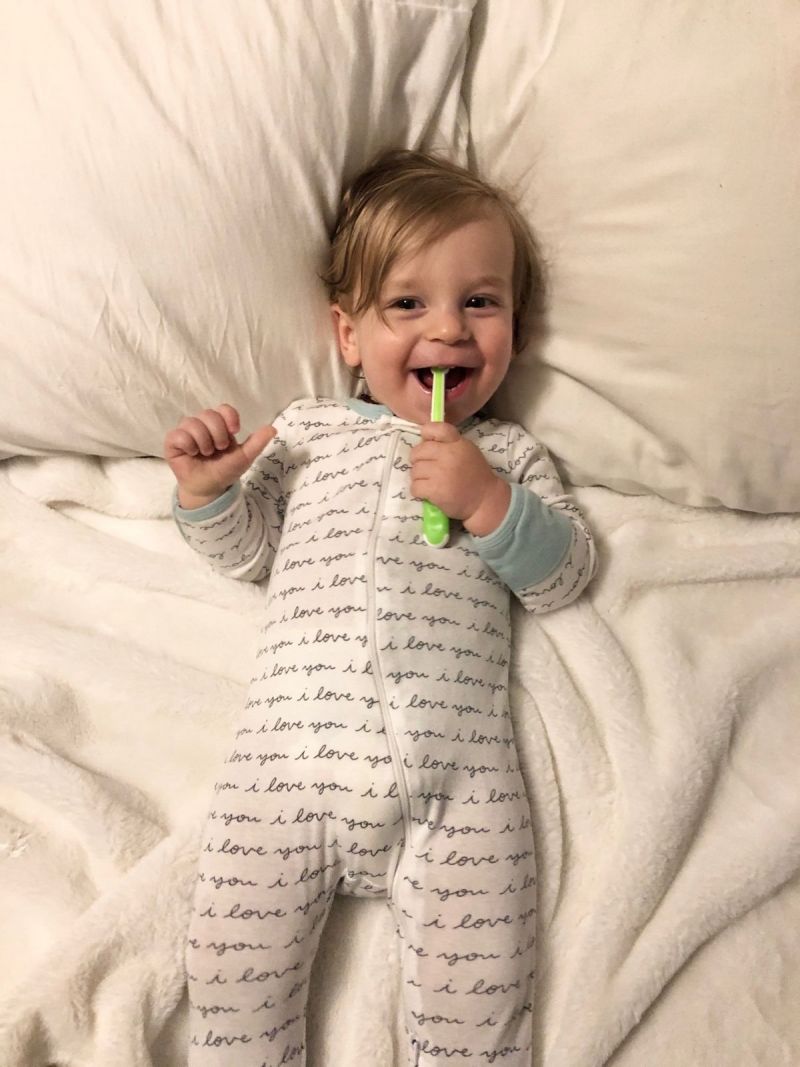 Jackson keeping clean the few teeth he has.