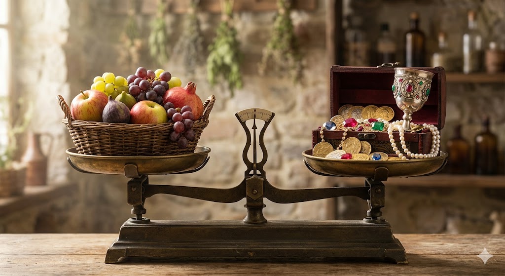 scale with fruit and treasure